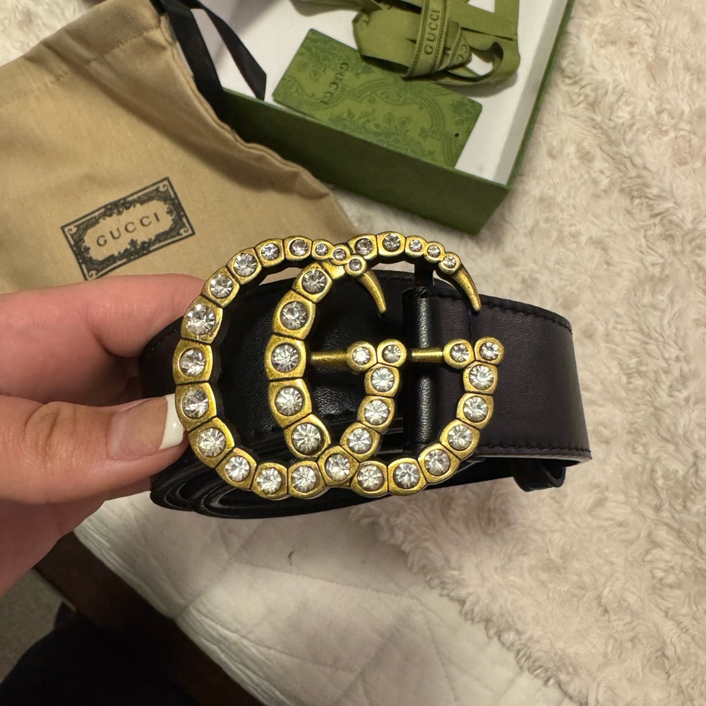 Gucci Black Belt with Gold Buckle & crystals